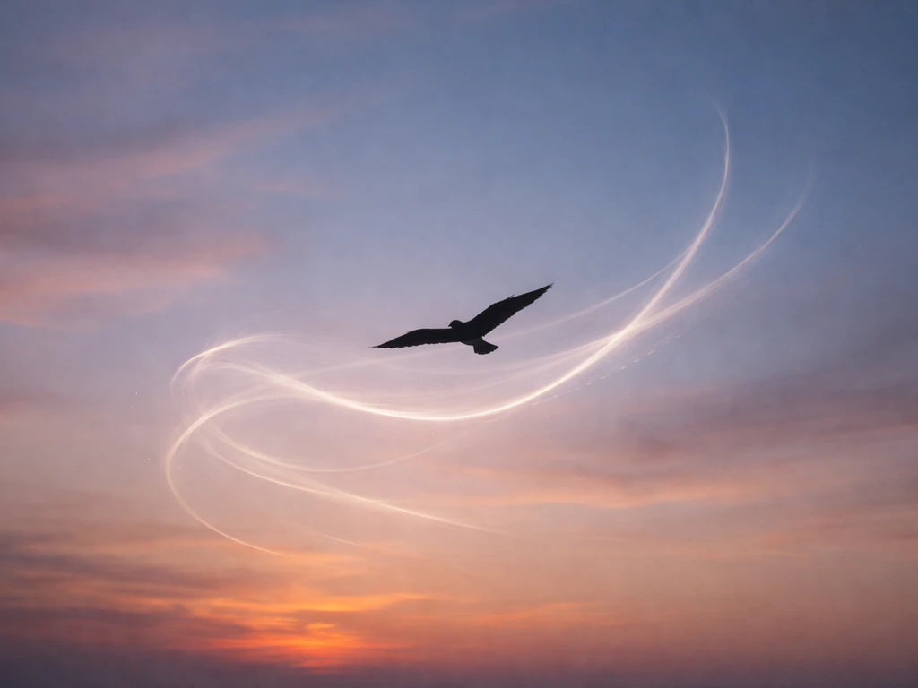 Silhouette bird gliding at dusk with soft flowing light currents wrapping around it.