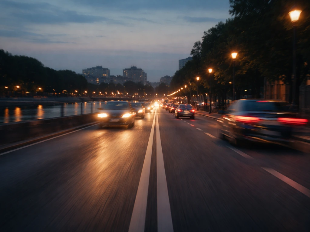 City lane by a river with motion-blurred cars and lights suggesting continuous flow.