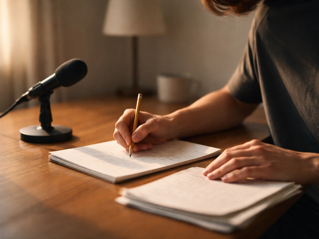 Person writing lyrics at a desk, hands moving, absorbed focus suggesting being in the flow zone.
