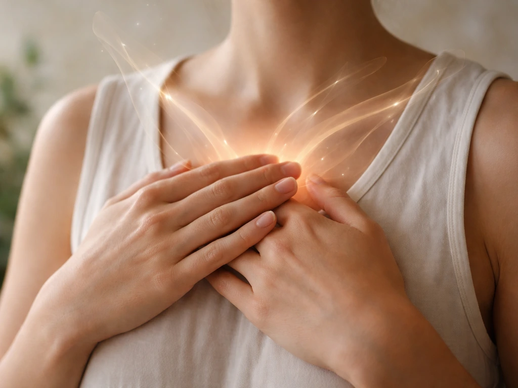 Gentle hands over the chest with warm glowing ribbons of spiritual energy flowing upward.