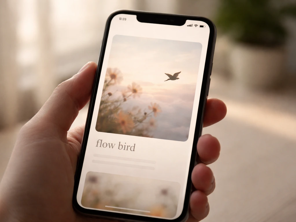 Close-up smartphone screen showing an aesthetic social media post with subtle bird imagery and the words “flow bird”.