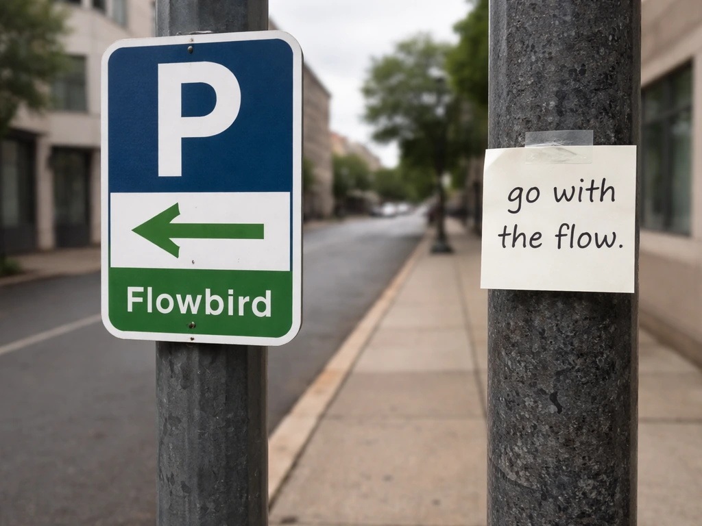 Close-up of a municipal “Flowbird” parking sign beside a note reading “go with the flow”.
