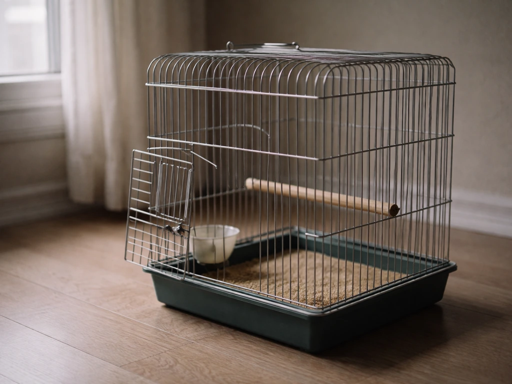 Quiet empty bird cage with the door ajar and a small water dish, conveying grief after a pet bird dies.