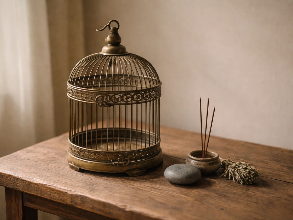 An empty antique birdcage beside small traditional decor items on a wooden surface