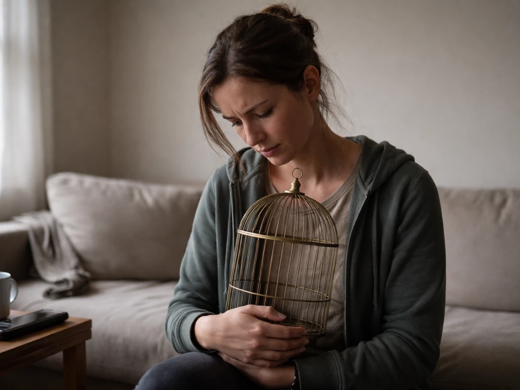 Adult in a living room holds an empty bird cage, looking down with a sorrowful, grieving mood.