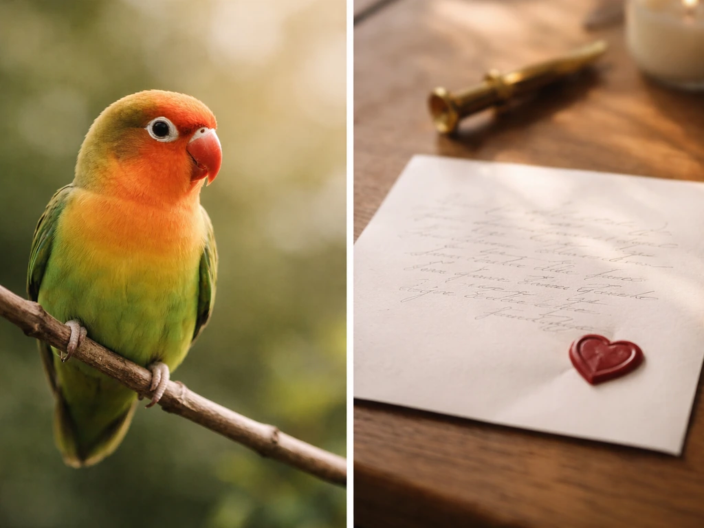 Split image: small colorful lovebird perched outdoors, and a romantic handwritten note with wax seal on a desk.