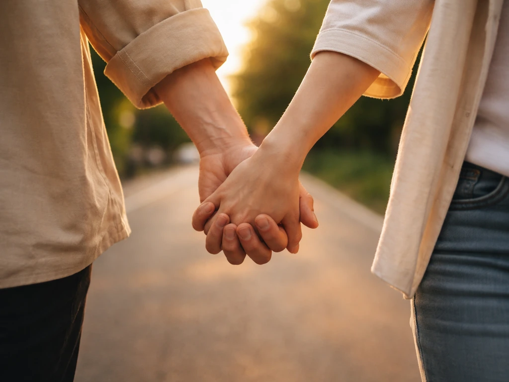 Couple holding hands outdoors, romantic affectionate mood symbolizing “lovebird” in a relationship