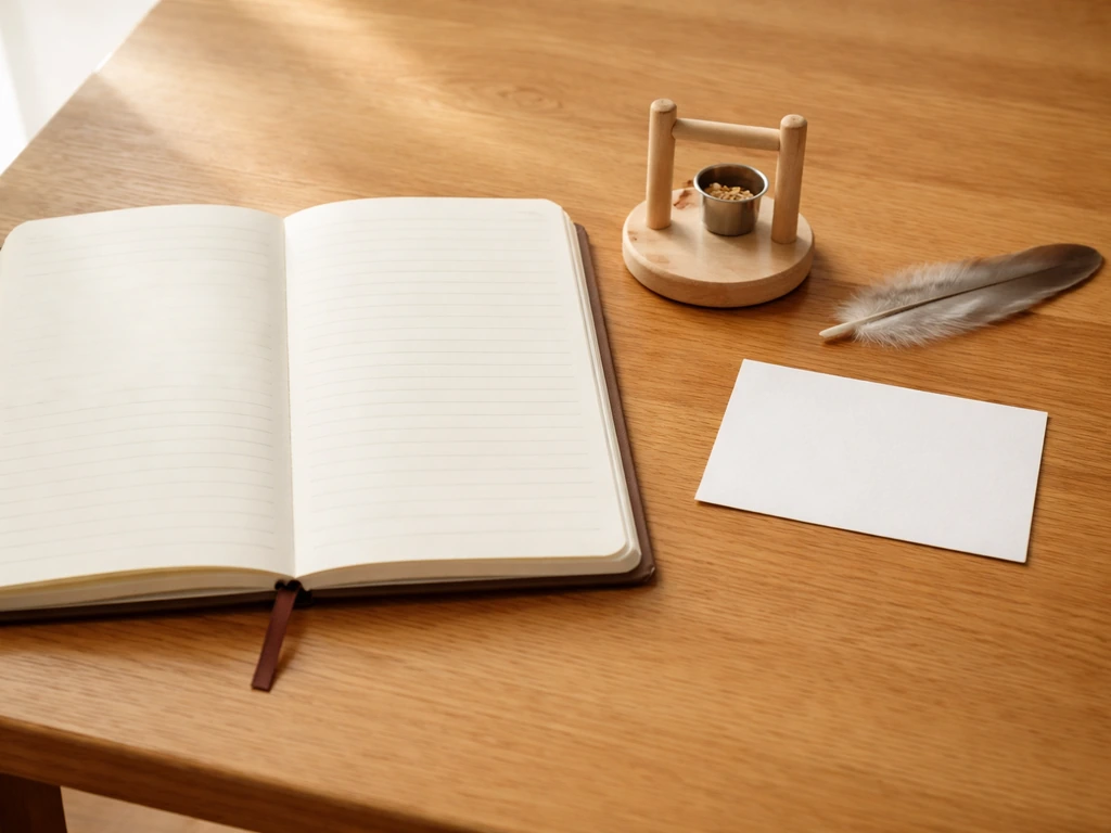 Close-up of an open notebook with a small parrot-feeder and a few feathers, suggesting bird-reading cues.