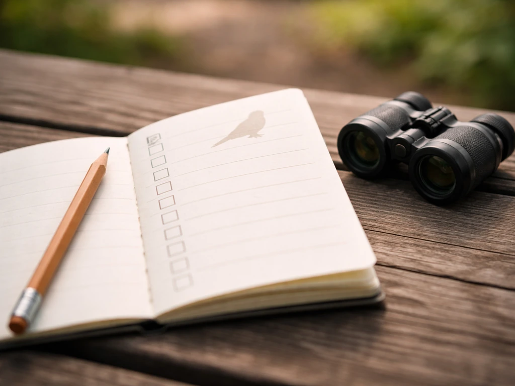 Close-up of an open field guide with blank checklist boxes, pencil, and binoculars on a wooden table.