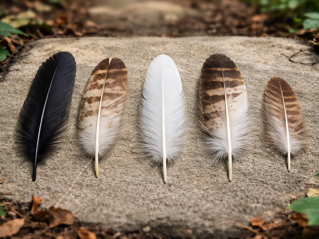 Photo comparison layout of crow, owl, dove, hawk, and sparrow feathers on a simple natural background.