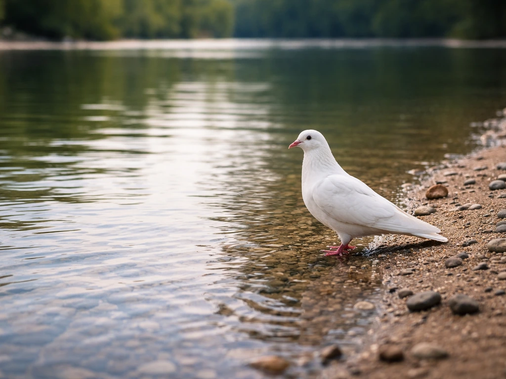 White dove perched at a river edge with clear water visible in the foreground.