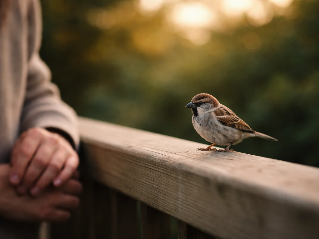 A small sparrow lands on a nearby outdoor railing close to a person, with soft greenery behind.