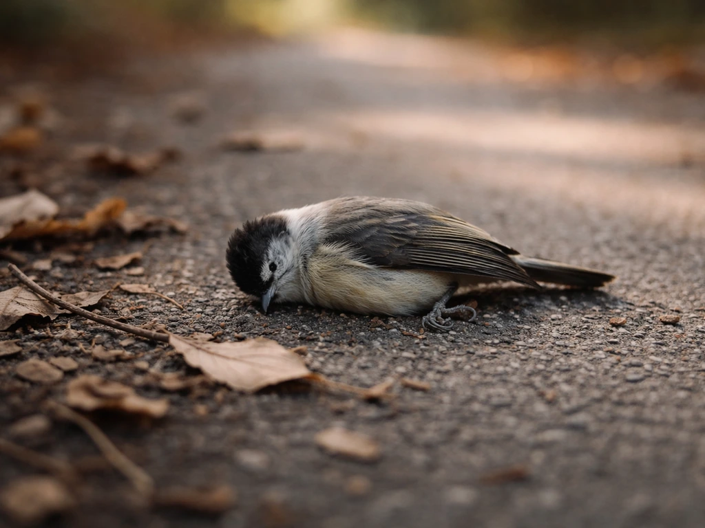 A small dead bird lies on the ground among leaves in soft natural morning light.