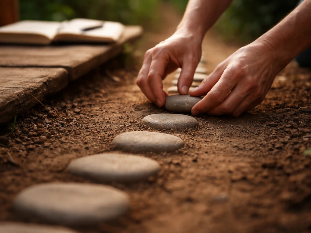 Hands placing small stones onto a simple path-like sequence, symbolizing writing one step at a time.