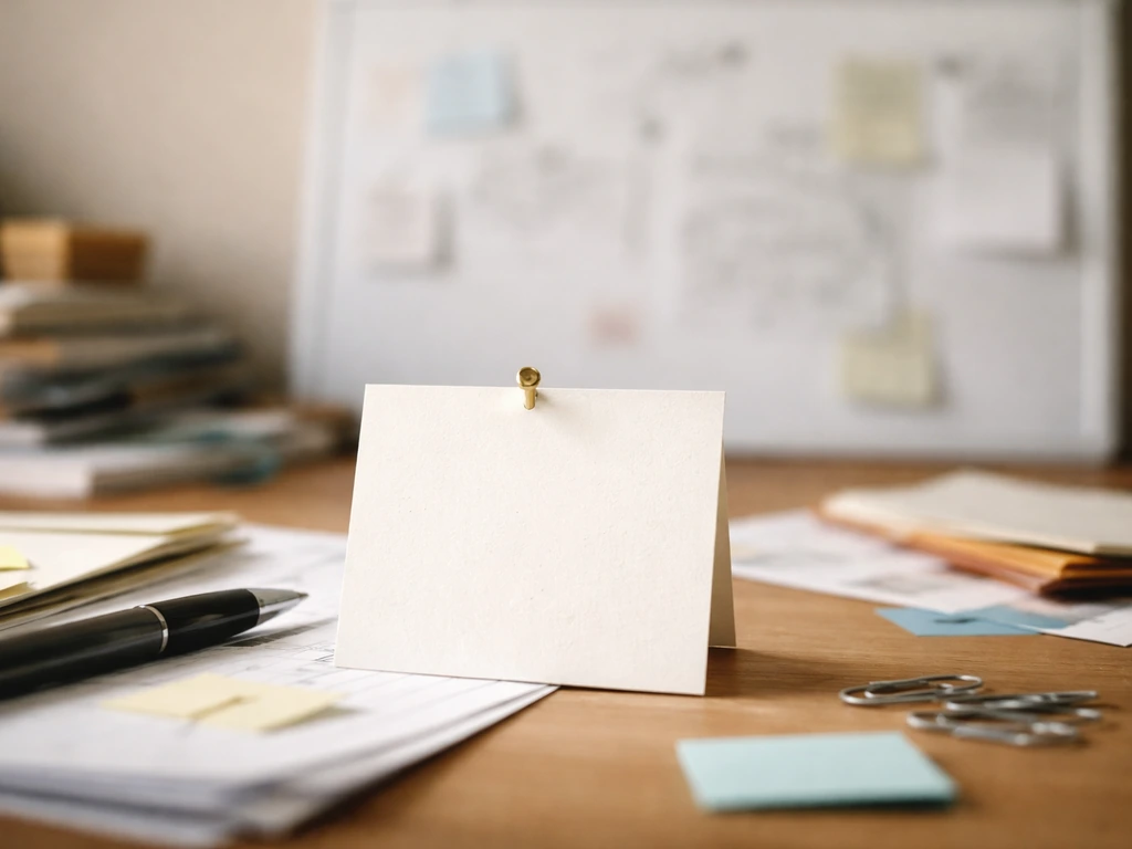 Close-up of a small blank task note on a cluttered desk with a blurry looming workload behind it