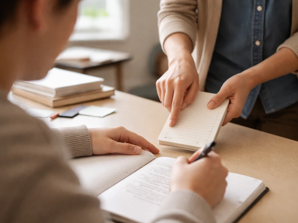 Student writing at a desk while a teacher points to a small notepad next step in a quiet workshop.