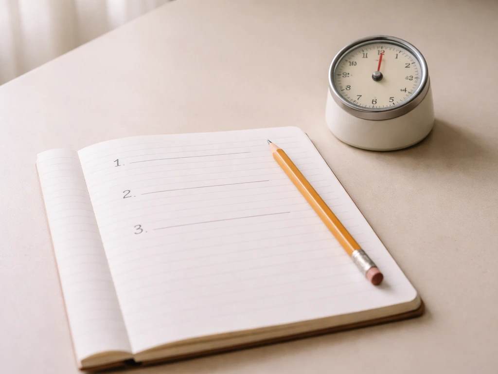 Close-up of a notebook with a single-page task plan, pencil, and a small timer on a desk.