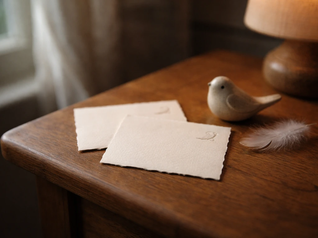 Cozy bedside scene with two handwritten notes, a small bird figurine, and a feather symbolizing tender pet-name love.