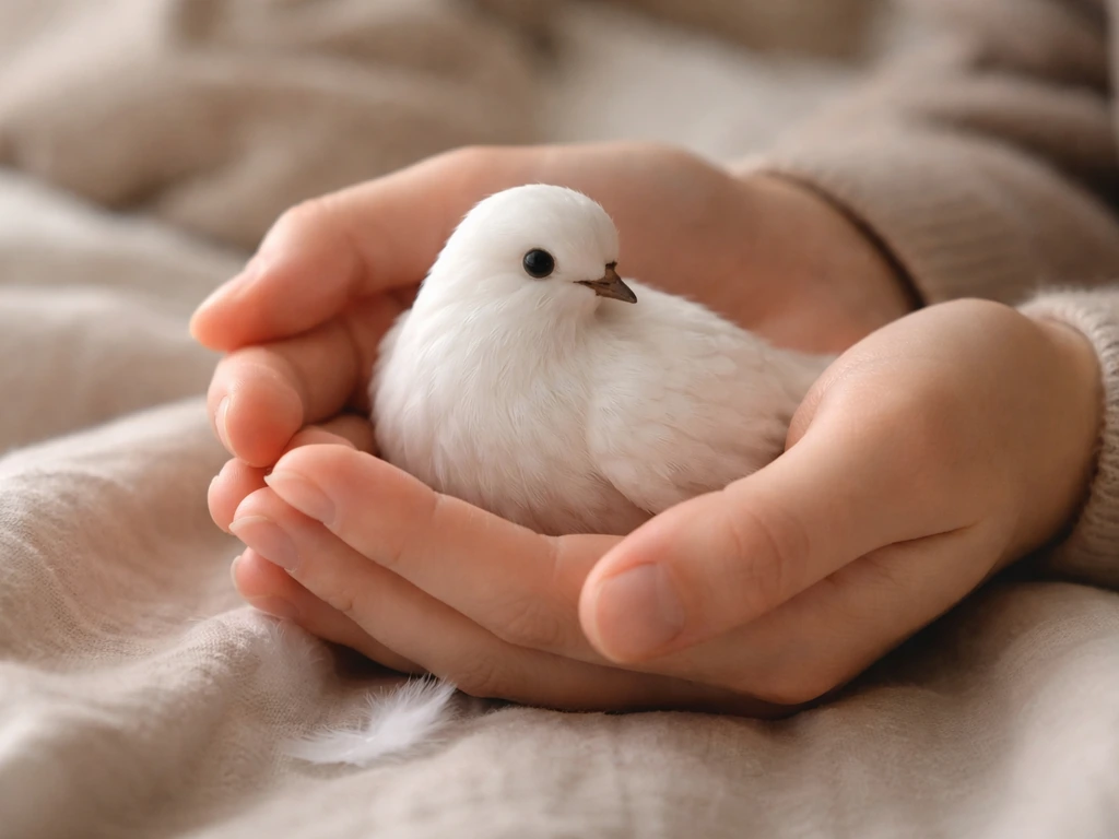 Cupped hands holding a small dove figurine with a feather, warm cozy comfort vibe.