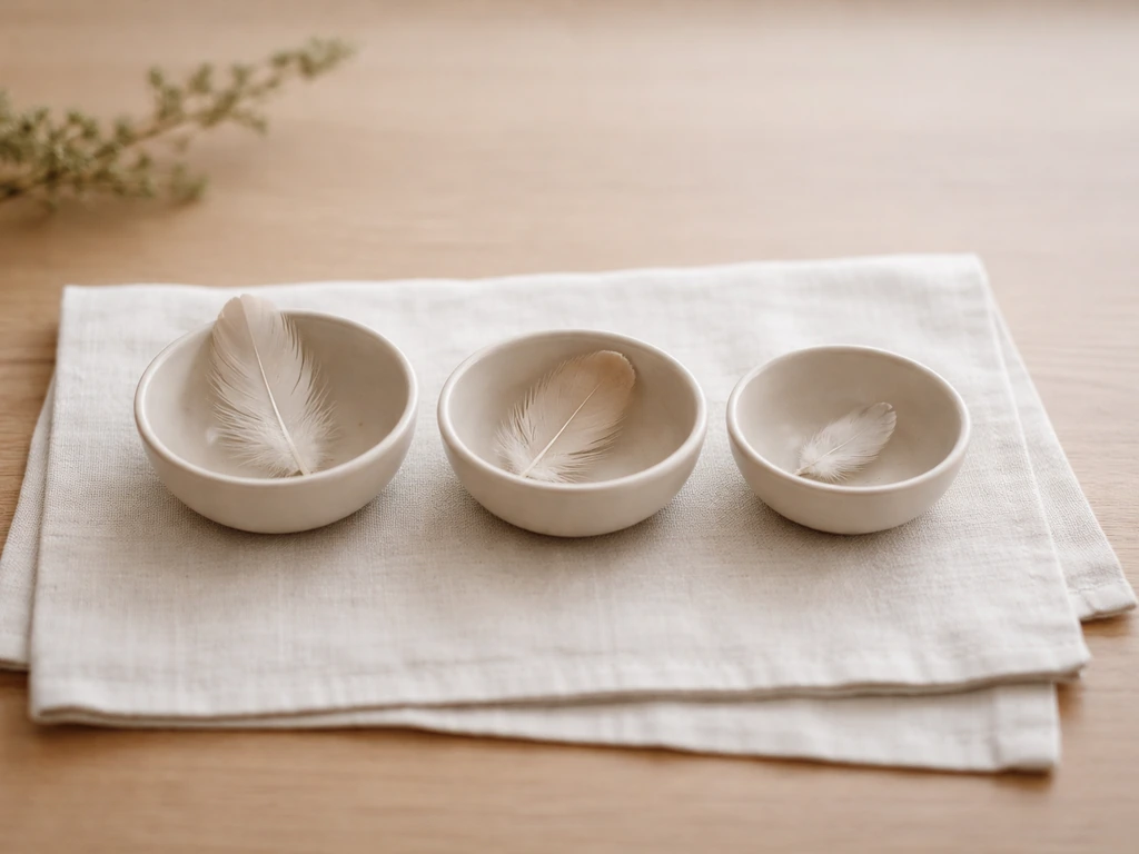 Three small bowls with feathers on a wooden table, symbolizing similar pet-name phrases without text.