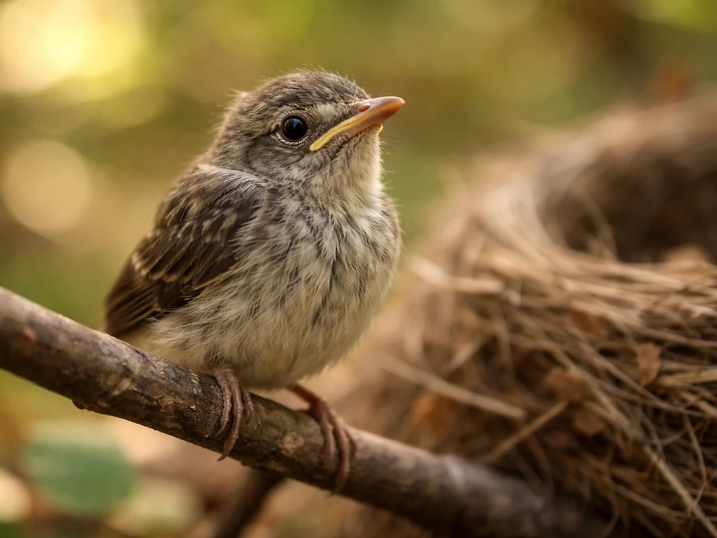 Fledgling perched near a nest in soft natural light, looking alert and hopeful.
