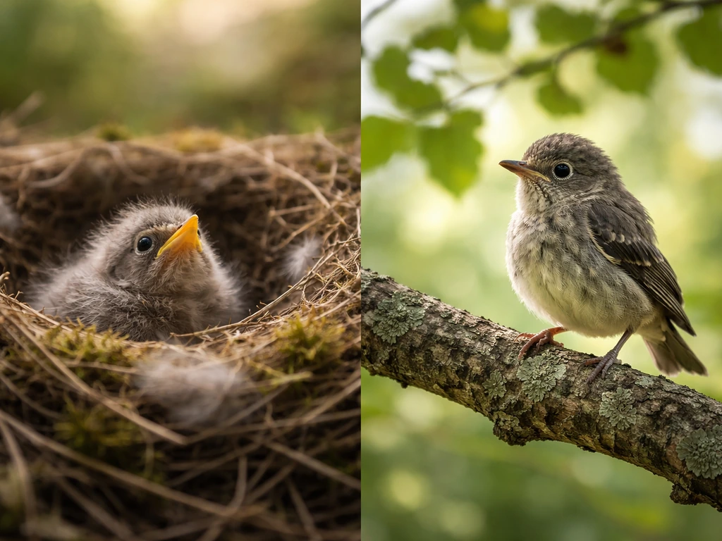 A nestling in a nest beside a fledgling perched on a branch, showing the everyday meanings.