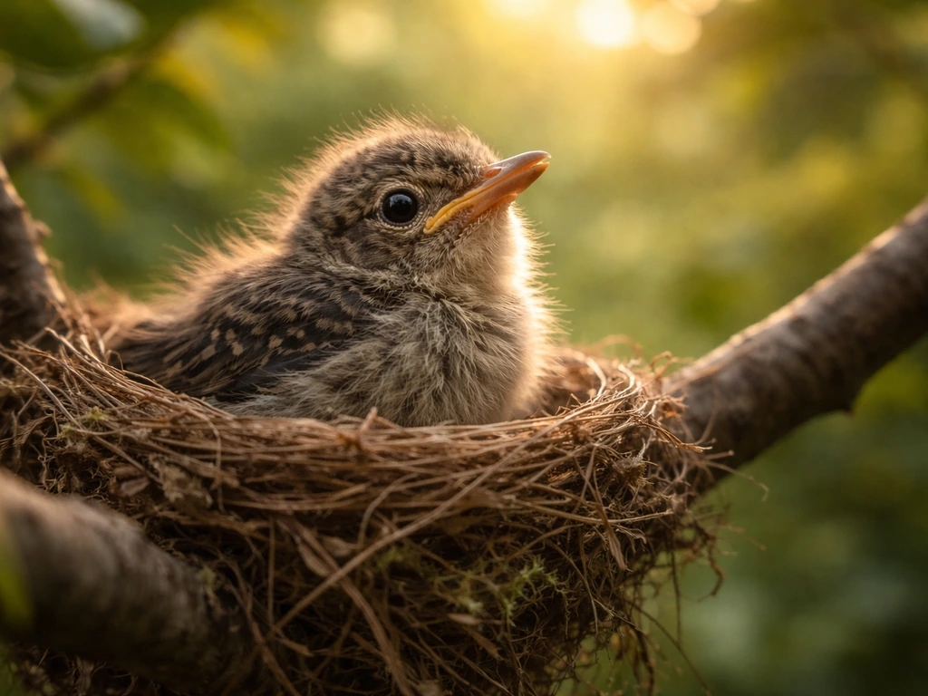 A soft, serene close-up of a young fledgling in warm light, symbolizing growth and innocence.