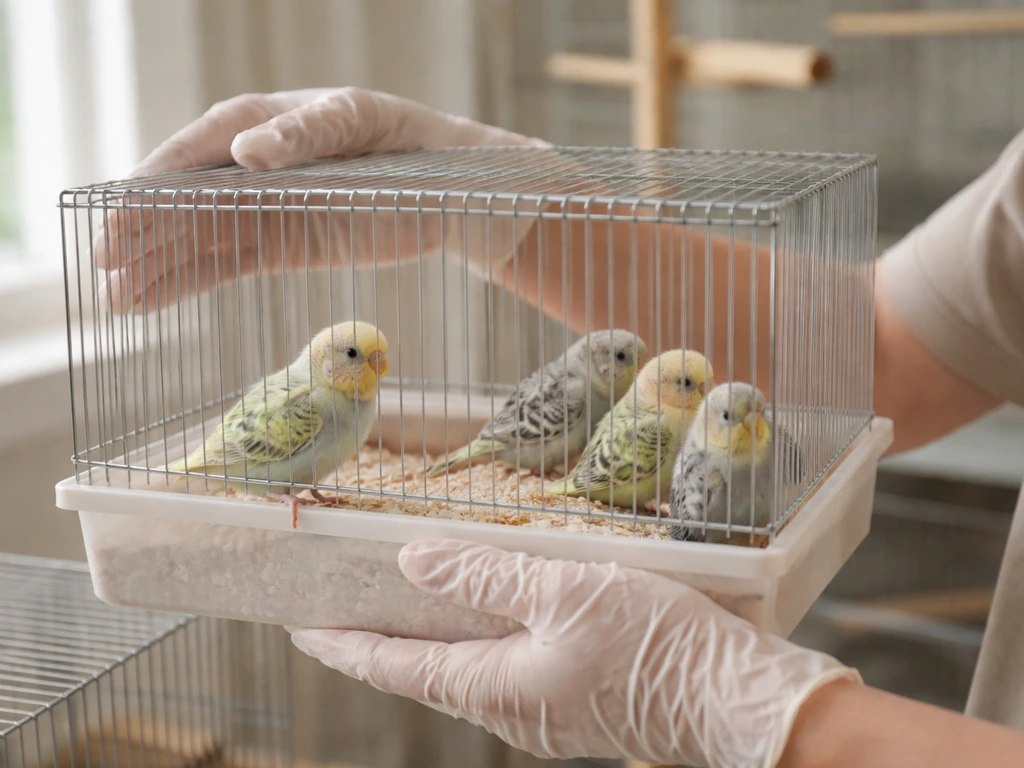 Caretaker checking young pet birds in a clean breeding aviary cage during early development
