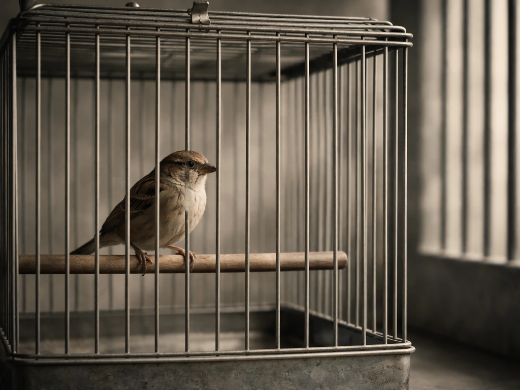 A small bird perched inside a simple metal cage with blurred prison-bar shadows behind it.