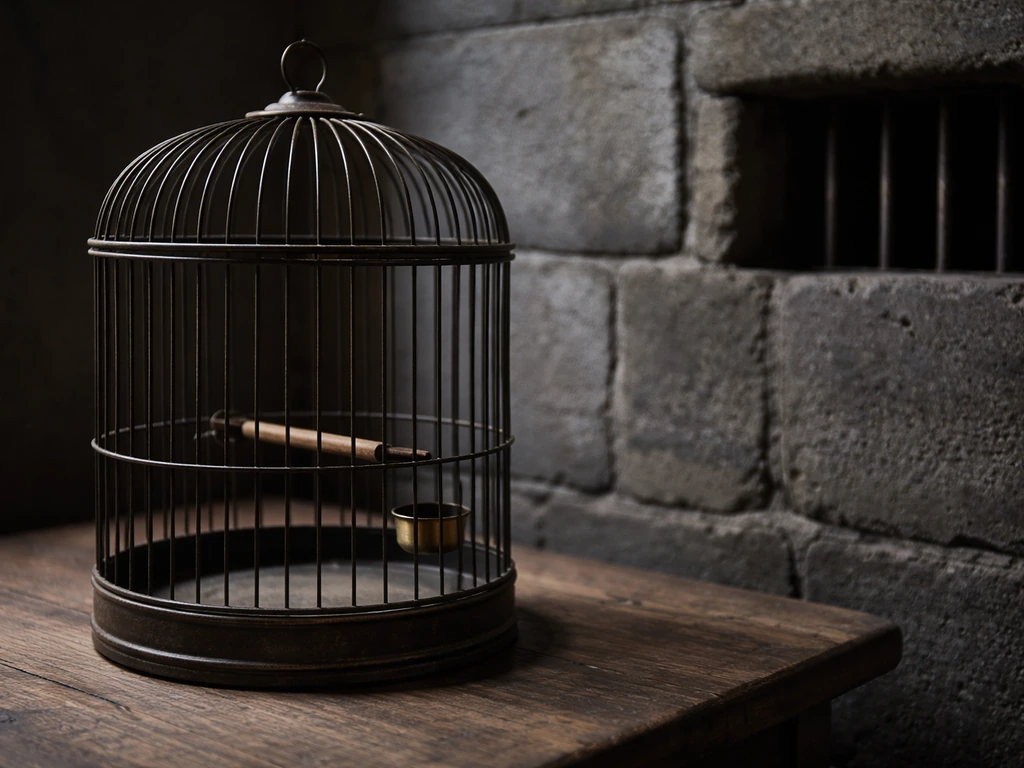 A small birdcage beside a cinderblock wall segment, symbolizing “jail” and “bird”