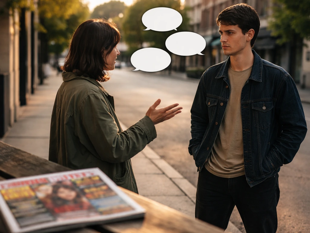 Two anonymous people conversing on a quiet sidewalk with empty speech bubbles and a blank tabloid magazine.