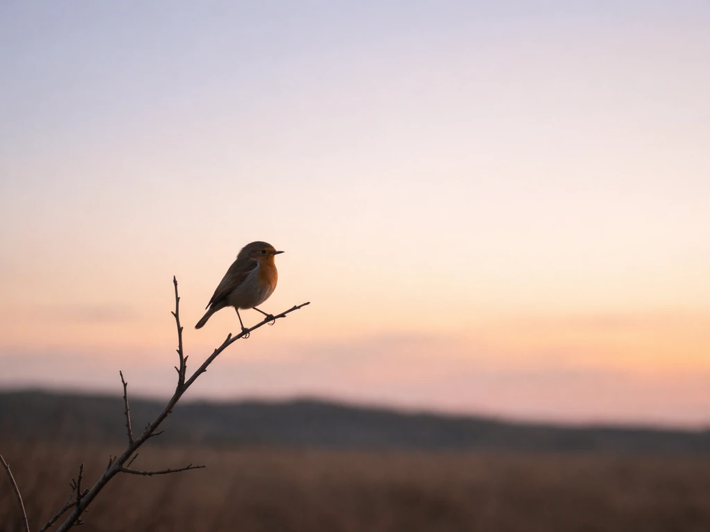 A lone bird perched on a quiet branch at dusk in an open landscape, evoking loneliness.