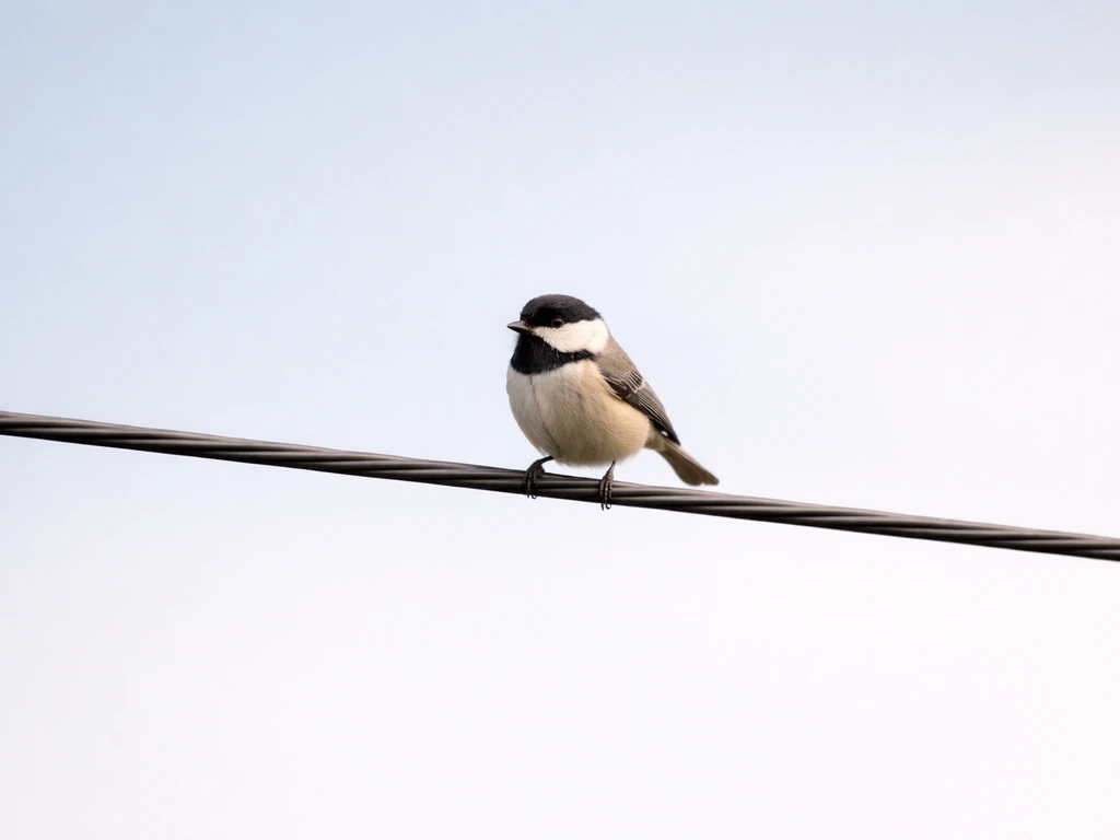 A lone small bird perched alone on a wire against an empty sky.