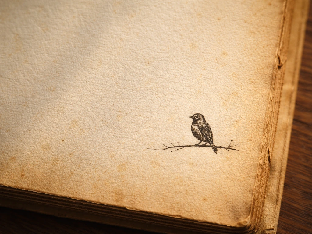 A lone bird illustration printed on an aged book page, evoking longing and grief