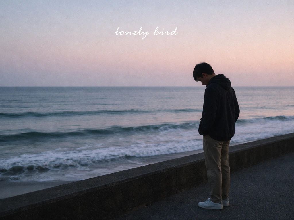 Lone person by the sea at dusk with a melancholic mood caption reading “lonely bird”.