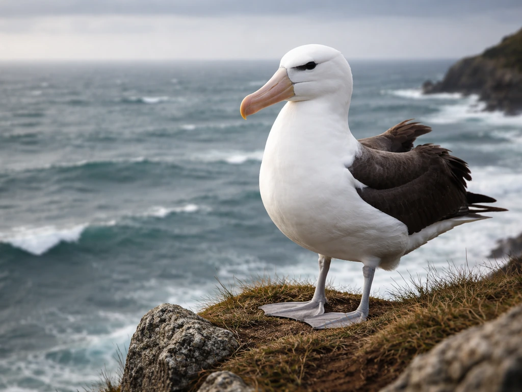 Albatross perched on a windswept coastal cliff with ocean waves and stormy sky behind it.