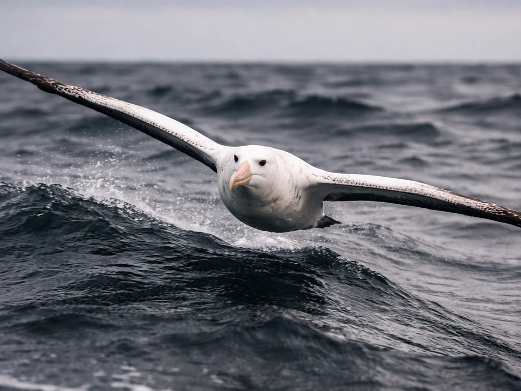 Wandering albatross gliding low over ocean waves with wings spread wide, sea spray in natural light.