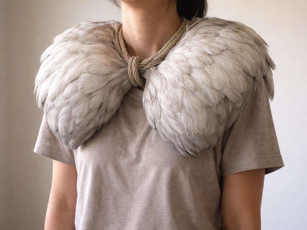 Neck-down view of a person burdened by a heavy albatross-like weight tied around their neck.