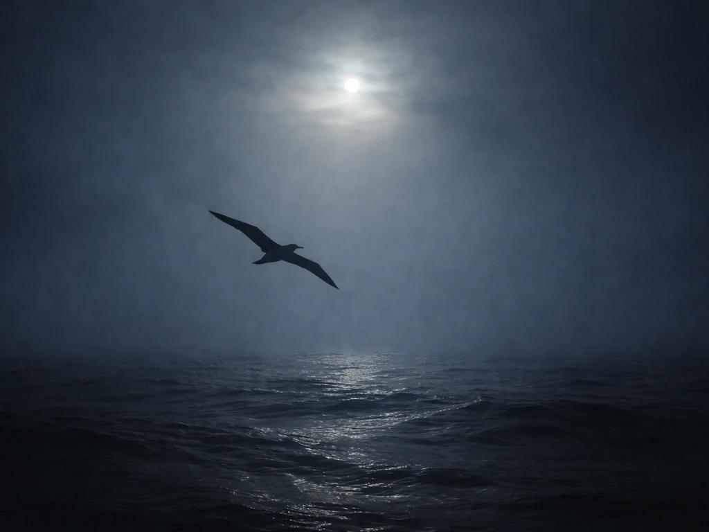 Albatross silhouette gliding over misty ocean in moonlight, dreamlike and spiritual.