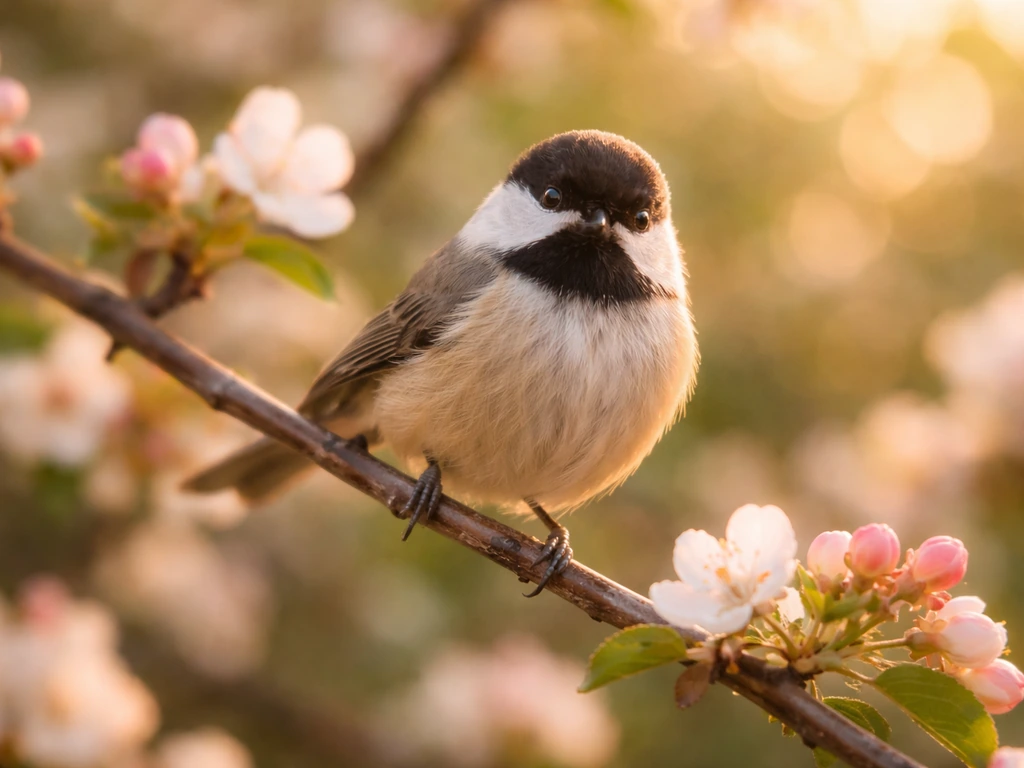 Warm-lit songbird perched on a branch beside softly blurred blossoms