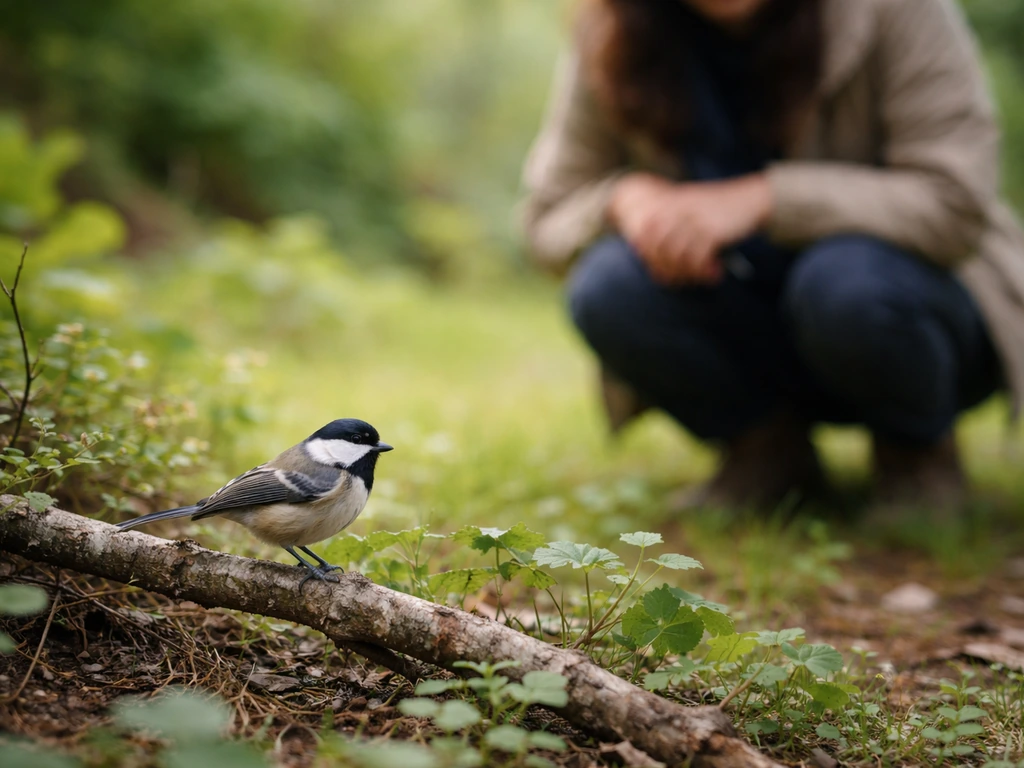 Person crouches in a garden, photographing a small songbird perched on a low branch.
