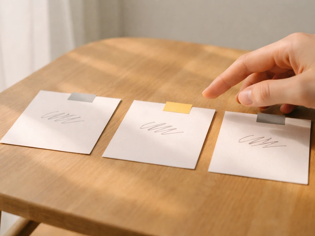 Three simple paper cards on a wooden table, one highlighted to represent “sweet bird,” others muted.