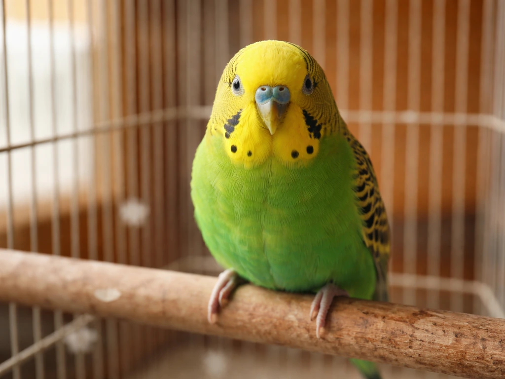 Bright budgerigar perched on a wooden perch, facing the camera in soft indoor light.