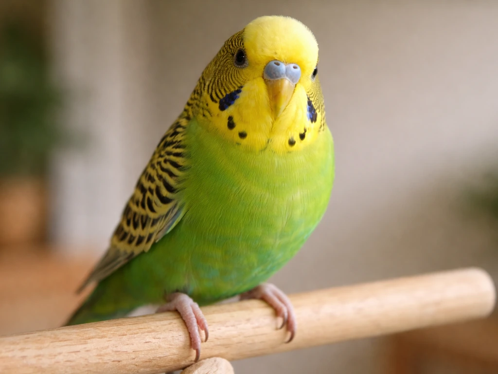 Close-up of a budgerigar perched on a wooden dowel, showing bright feathers and distinctive head/wing markings.