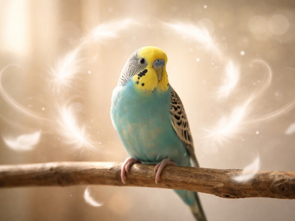 A small budgie perched among softly lit feather and swirl motifs symbolizing communication and connection.