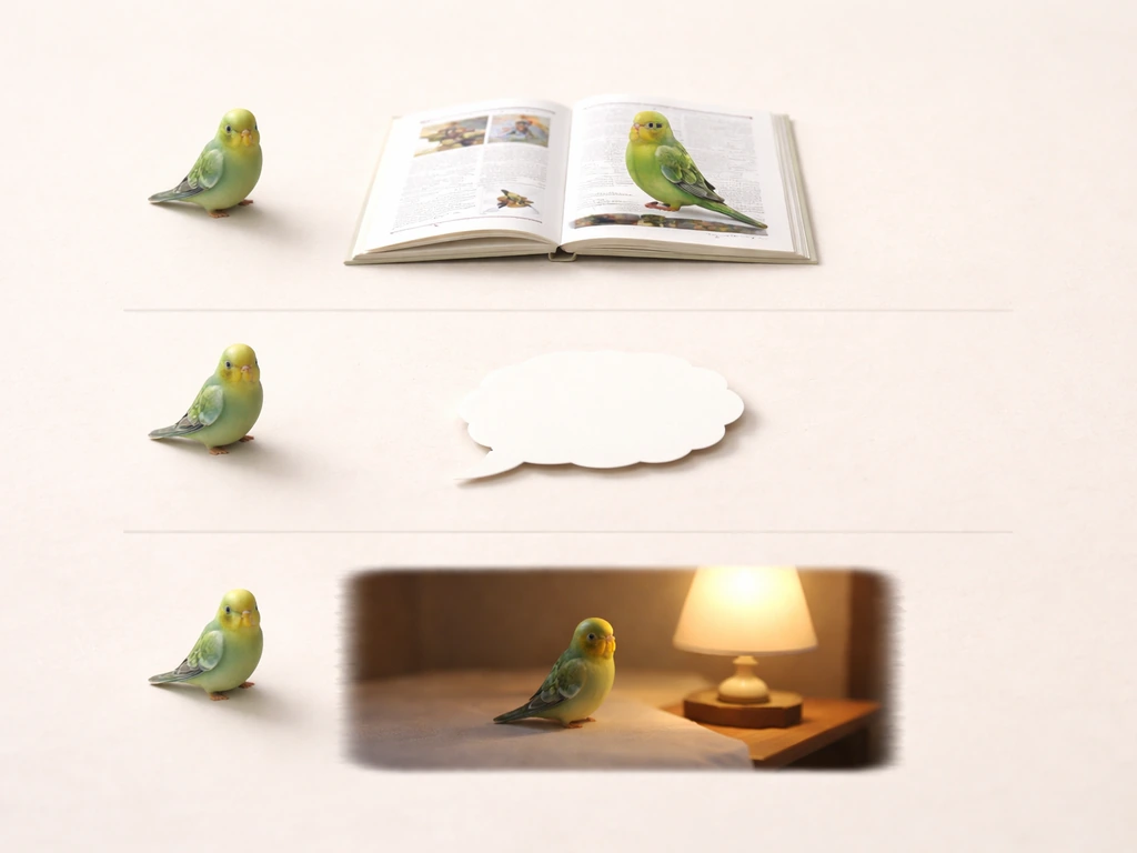 Three-row tabletop scene with budgerigar figurines suggesting literal species, slang, and dream meanings by context.