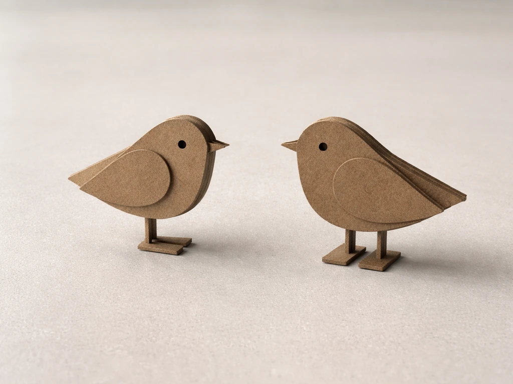 Cardboard bird model with one missing leg beside a complete two-legged version on a plain floor.