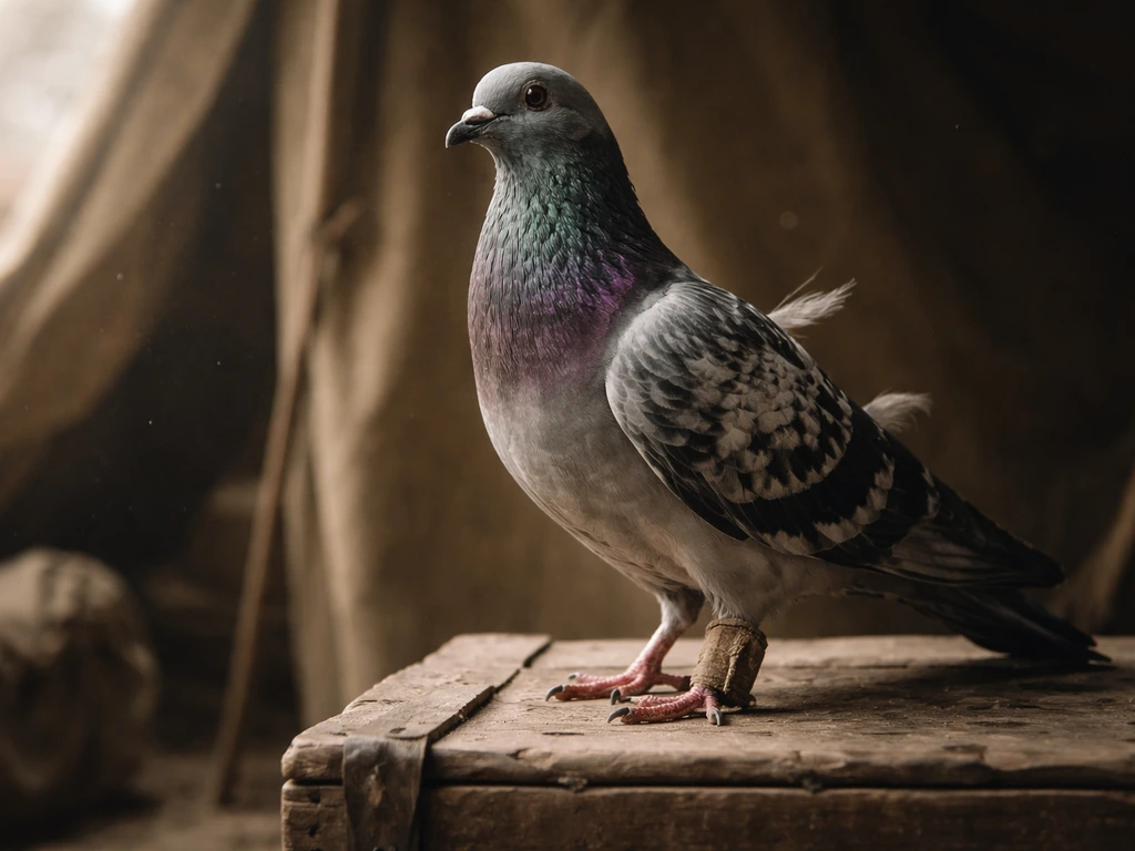 A one-legged WWI-era carrier pigeon stands resilient on a wooden crate in a canvas tent.