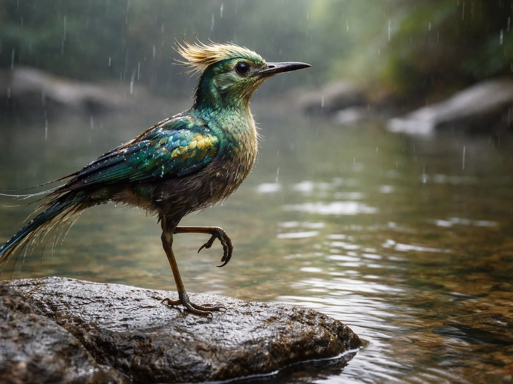 Iridescent one-legged mythic bird standing mid-hop on wet stone as light rain falls.
