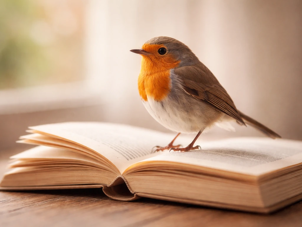 A small songbird perched on an open book edge under warm natural light